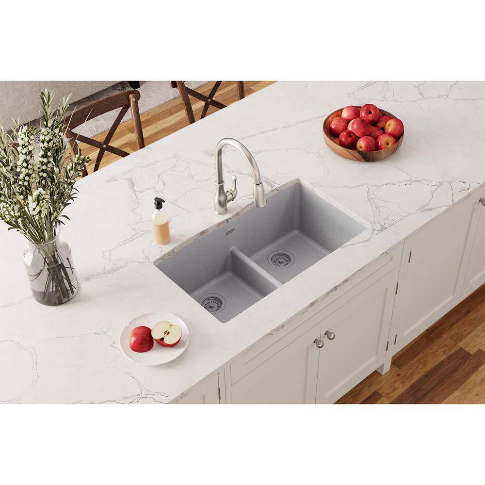 Elkay Quartz Classic Greystone Quartz 33 in. Equal Double Bowl Undermount Kitchen Sink with Aqua Divide ELGDULB3322GS0