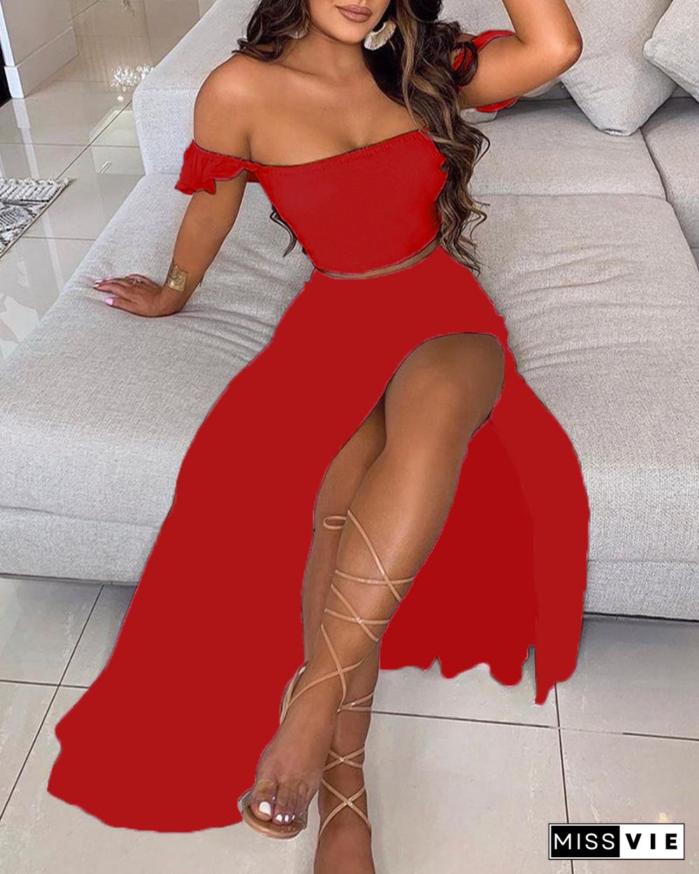 Off Shoulder Women Two Piece Set Sexy Slash Neck TopAnd Slit Summer Long Party Dress Suits Spring Floral Print Skirts Sets