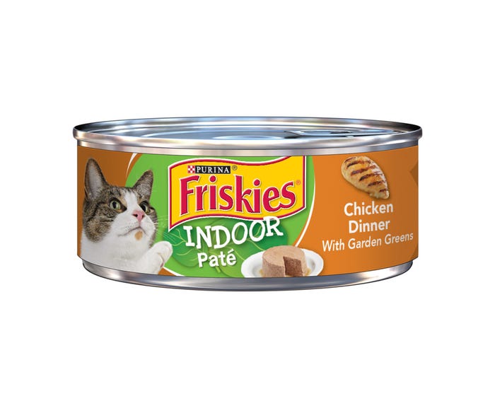 Purina Friskies Indoor Pate Chicken Dinner with Garden Greens Wet Cat Food， 5.5 oz. Can