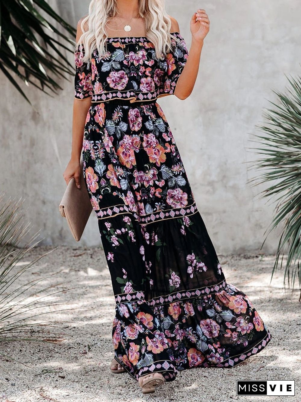 Elegant Flower Print Boho Party Dresses Women New Spring Sexy Off Shoulder Maxi Beach Dress Summer Lace-up Ruffle Hem Long Dress