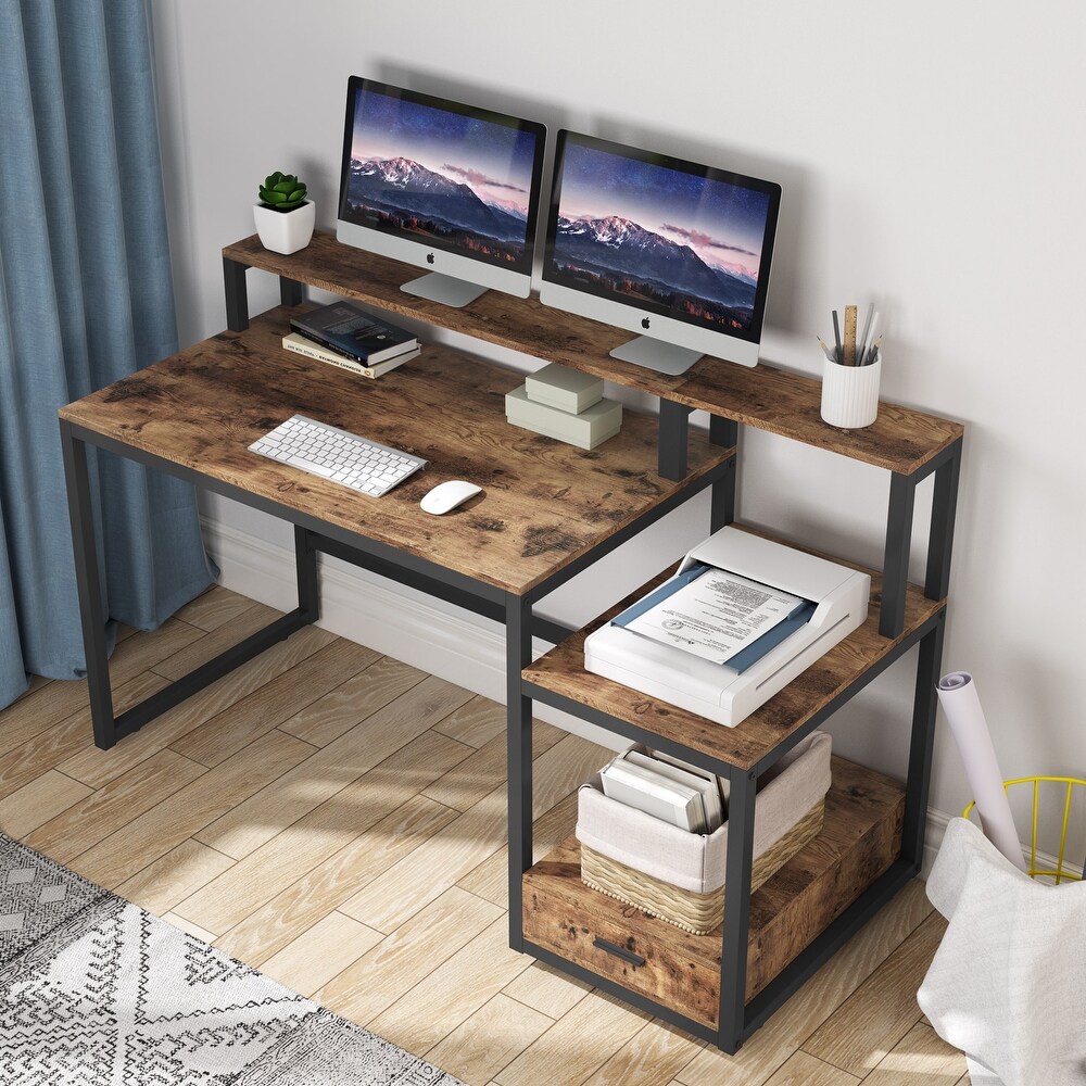 59 Inches Computer Desk with File Drawer and Storage Shelves