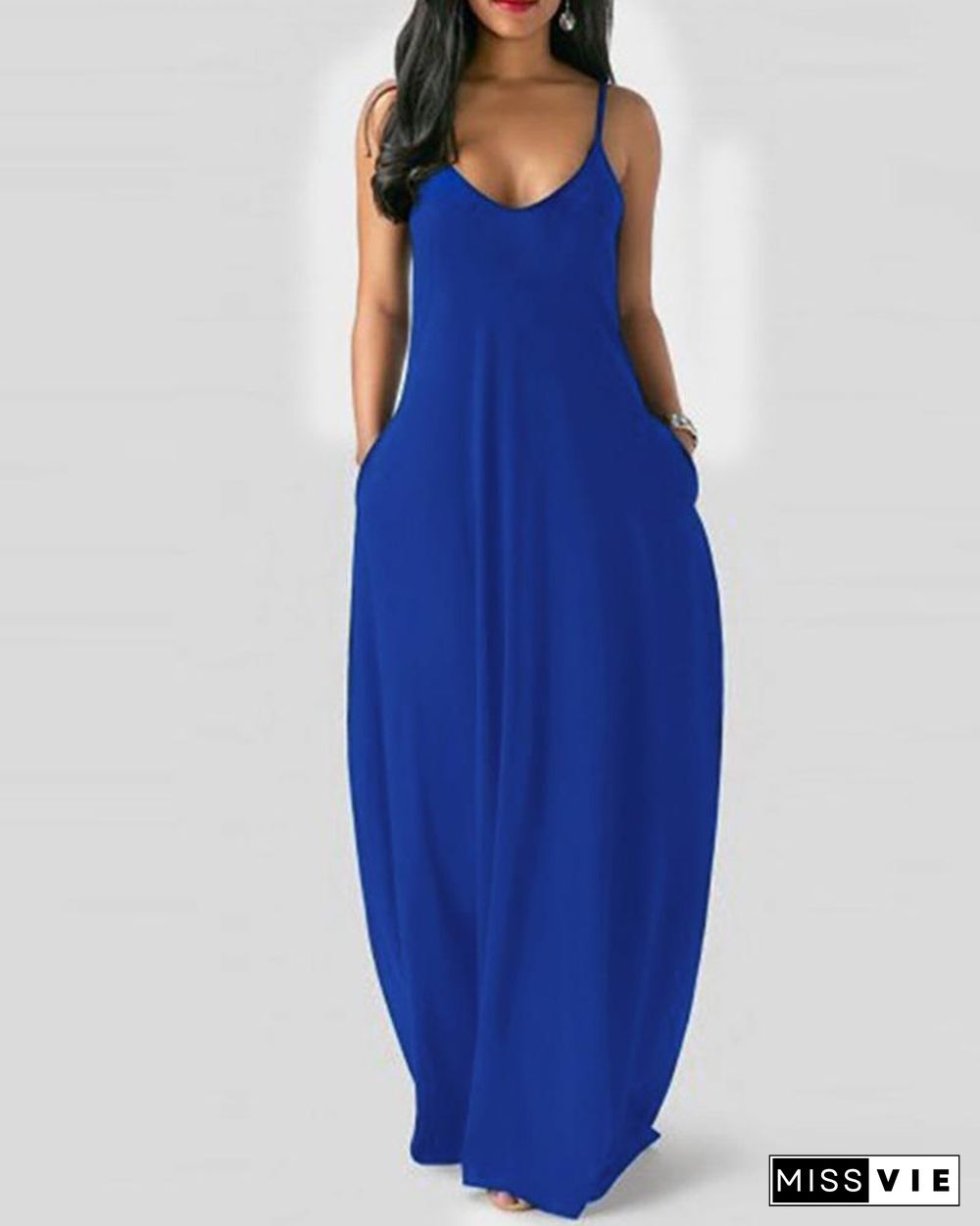 Solid Spaghetti Strap Pocket Design Maxi Dress