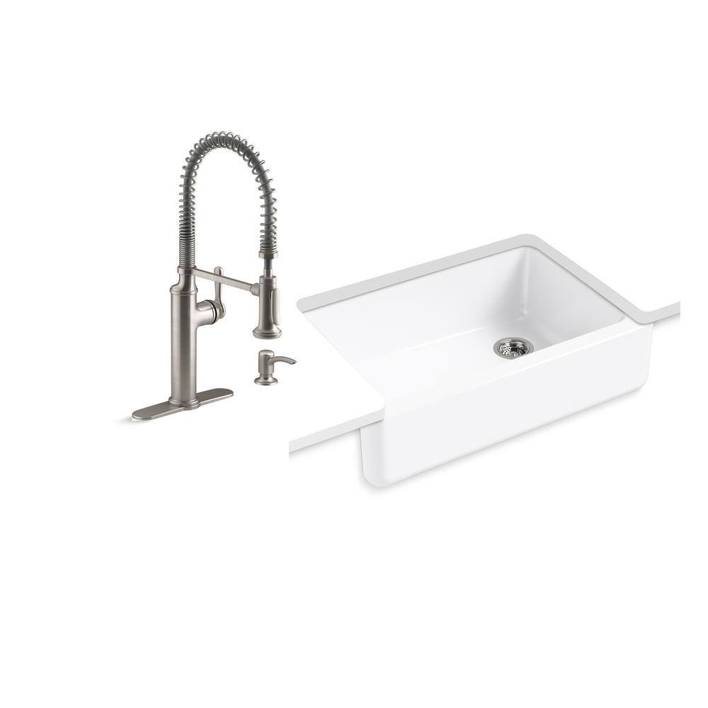 KOHLER Whitehaven All-in-One Undermount Cast Iron 33 in. Single Bowl Kitchen Sink in White with Sous Faucet in Stainless Steel 5827-R10651-SD