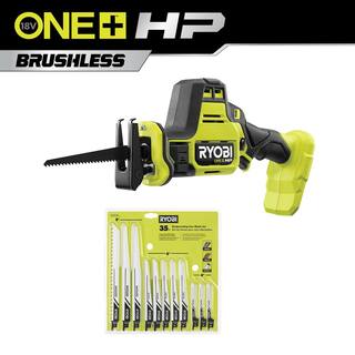 RYOBI ONE+ HP 18V Brushless Cordless Compact One-Handed Reciprocating Saw (Tool Only) w Reciprocating Saw Blade Set (35Piece) PSBRS01B-A233501