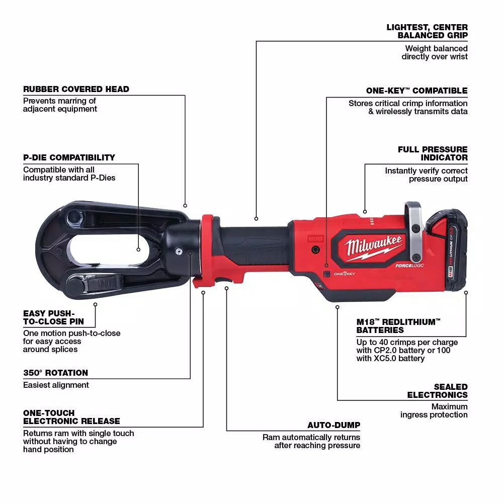 Milwaukee M18 18-Volt 15-Ton Lithium-Ion Cordless FORCE LOGIC Utility Crimper (Tool-Only) and#8211; XDC Depot