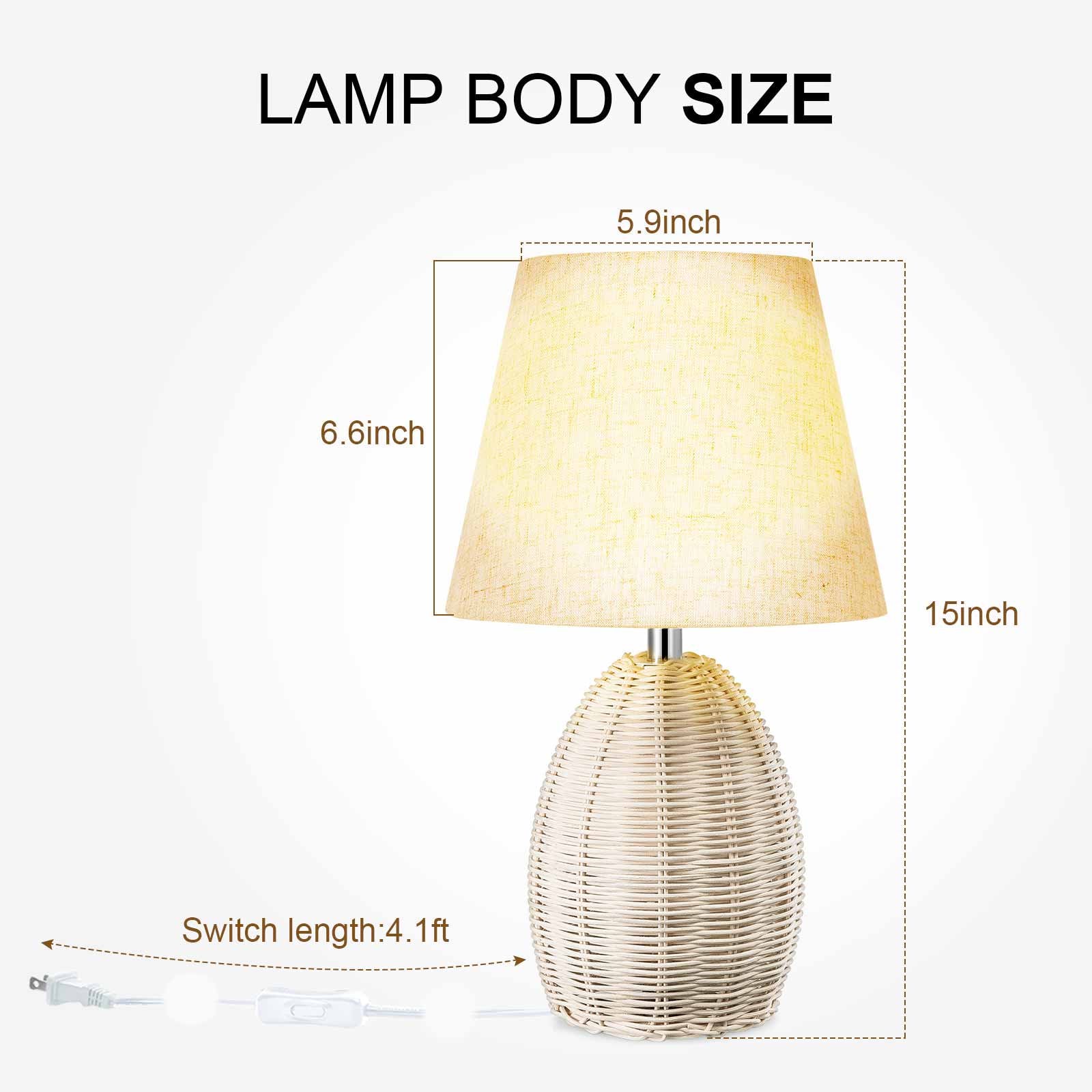 Bedside Table Lamp Natural Style Ratten Basket Nightstand Lamp with White Linen Shade for Bedroom, Dorm, Living Room, Coffee Table, Bookcase