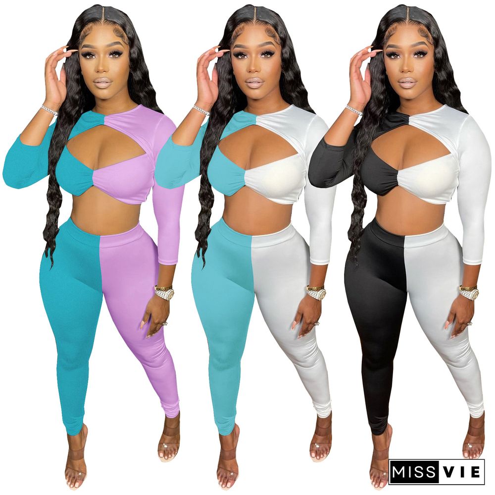 Color Patchwork Hollow Out Crop Tops+Joggers Pants Set