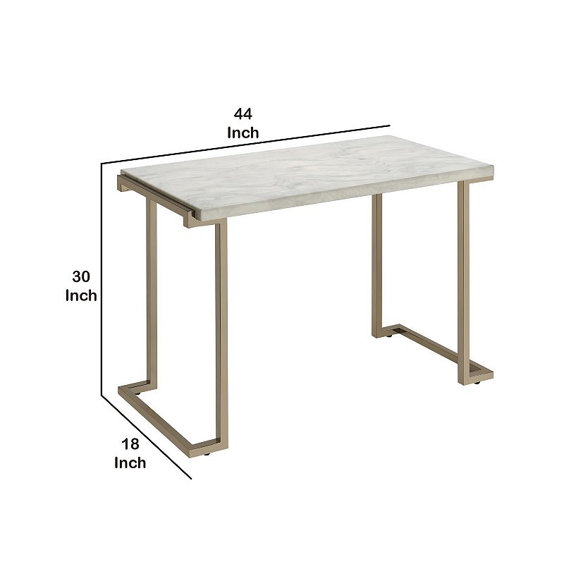 Contemporary Metal Frame Sofa Table with Faux Marble Top ，White and Gold