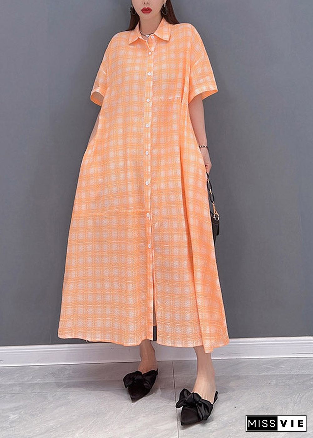 Loose Orange Peter Pan Collar Button Pockets Plaid Long Dress Short Sleeve