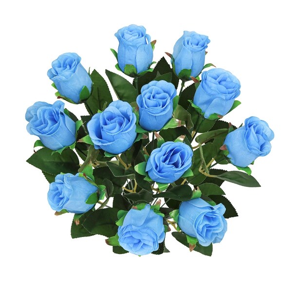 Set of 2 Blue Artificial Rose Bud Flower Stem Bush Bouquet 19.5in