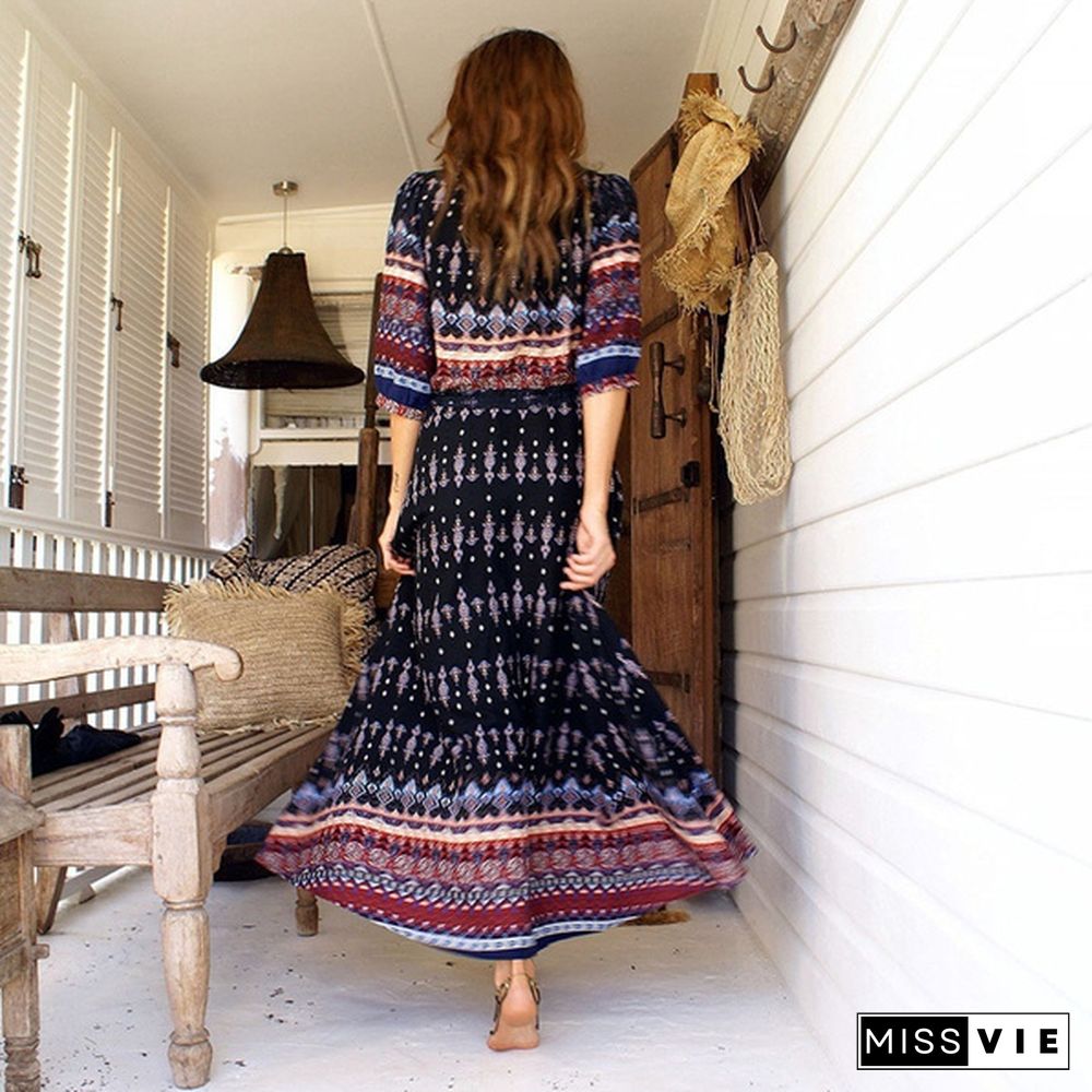 New Bohemian Printing Long Dress Women Maxi Long Dress Floral Print Retro Hippie Vestidos Chic Brand Clothing Boho Dress