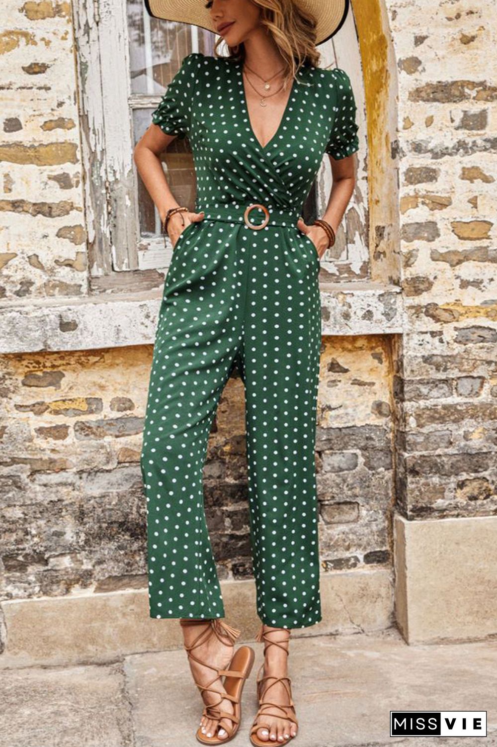 Polka Dot V Neck Jumpsuit Wholesale