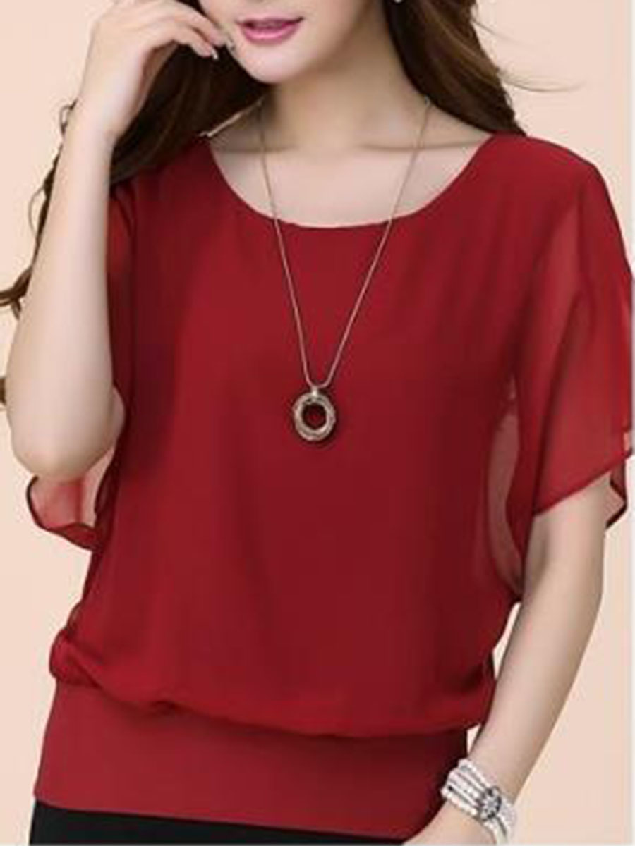 Spring Summer  Blend  Women  Crew Neck  Plain  Short Sleeve Blouses