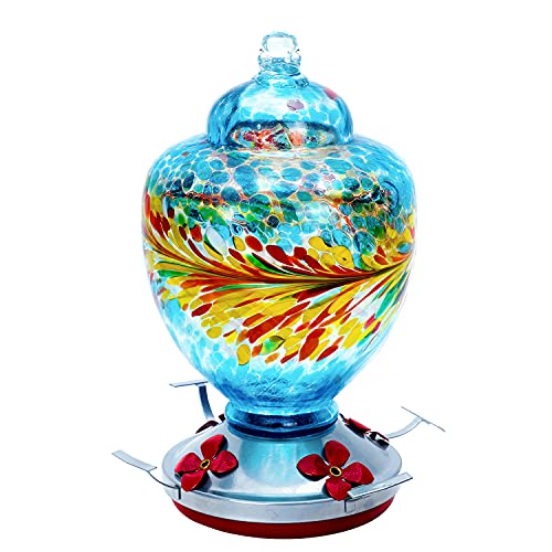 Viajero Hummingbird Feeders for Outdoors， Large 38oz Hand Blown Glass Leak-Proof Hummingbird Feeder with 4 Perch and Ports， Ant Moat and S-Hook， Easy to Wash Fill， Red Orange Yellow Attract Humming Bird