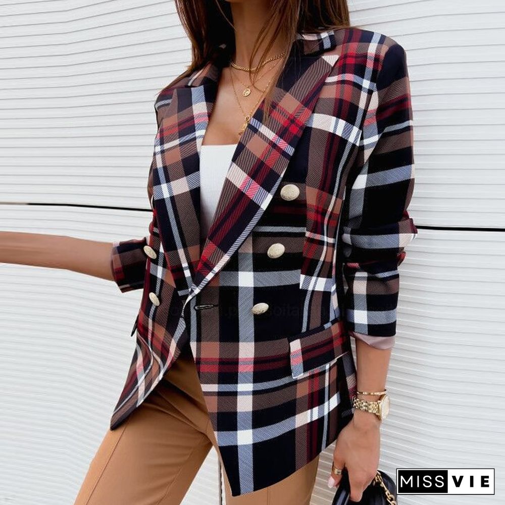 Elegant Lapel Double-breasted Blazer Autumn Casual Long Sleeve Slim Jackets Outerwear Spring Women Fashion Plaid Print Coats Top