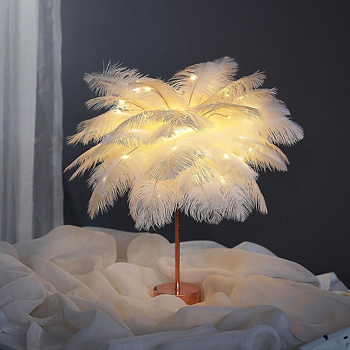 96led Feather Shade Table Lamp Lampshade Elegant Bedside Desk Night Light White