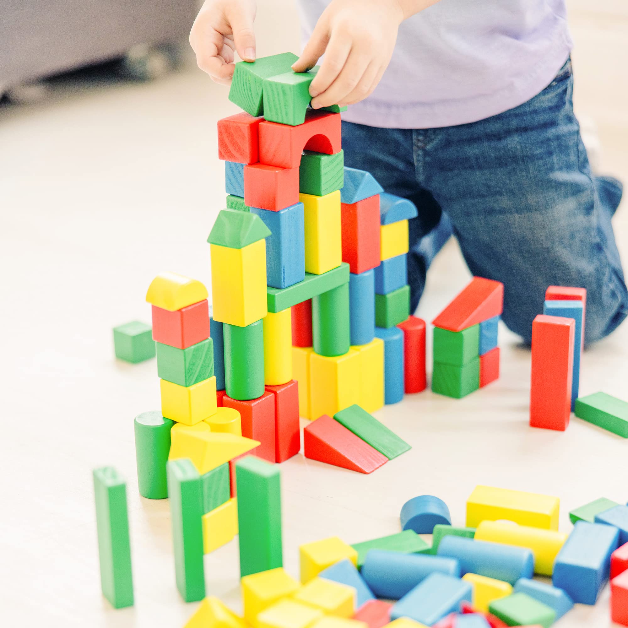 Melissa and Doug Wooden Building Blocks Set - 100 Blocks in 4 Colors and 9 Shapes - Classic Kids Toys， Colored Wood Blocks For Toddlers Ages 2+