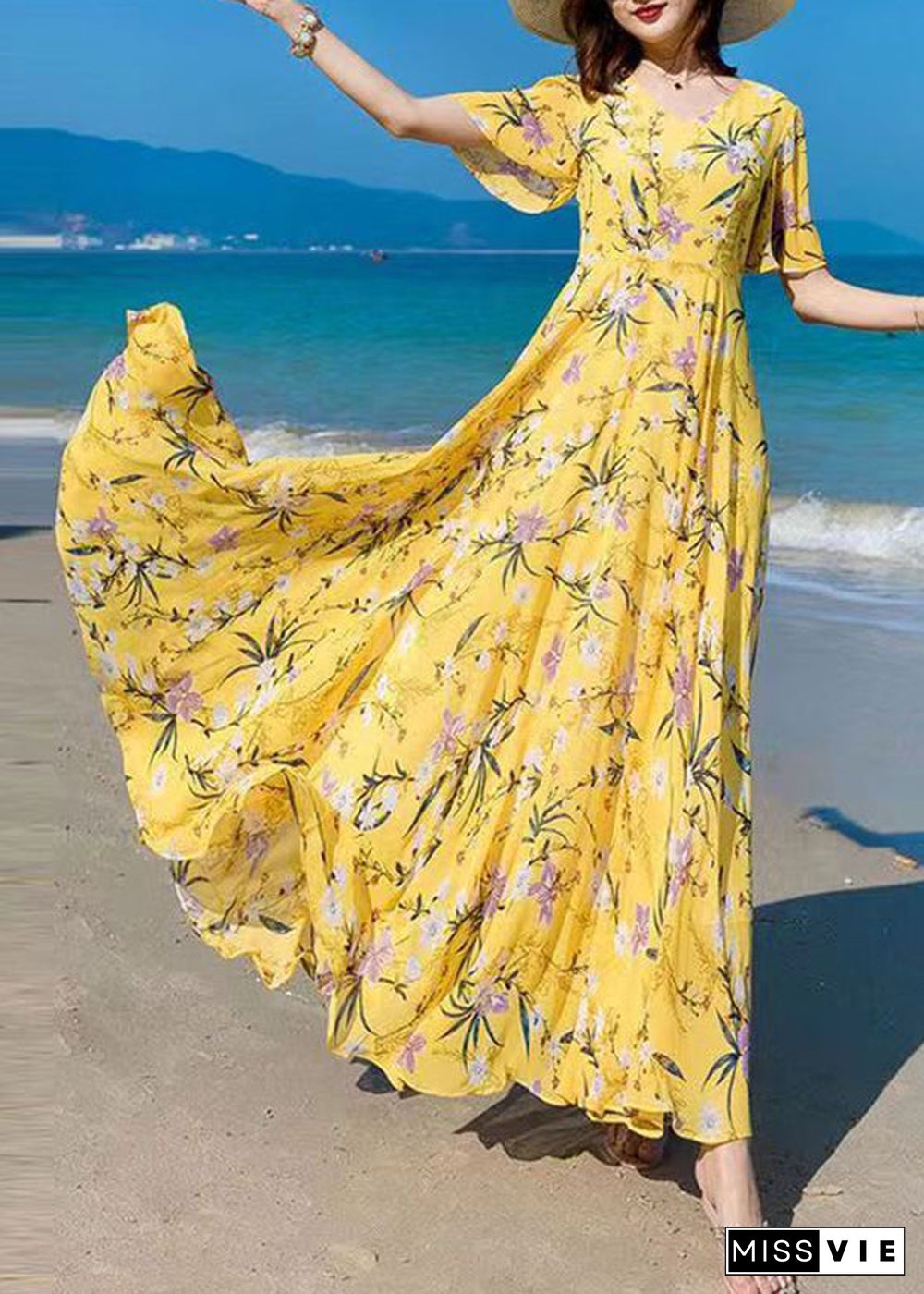 Vogue Blue V Neck Print Chiffon Maxi Beach Dresses Summer