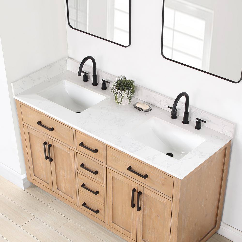 Altair Gavino 60 in. W x 22 in. D x 34 in. H Bath Vanity in Light Brown with Grain White Composite Stone Top 557060-LB-GW-NM