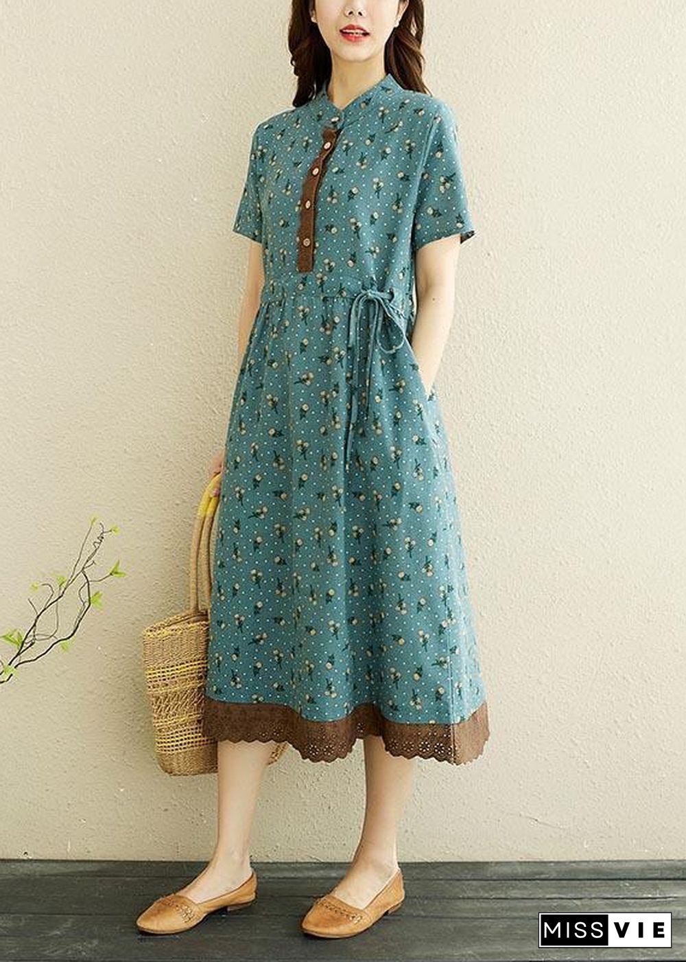 Unique Blue Print tie waist Long Summer Cotton Dress