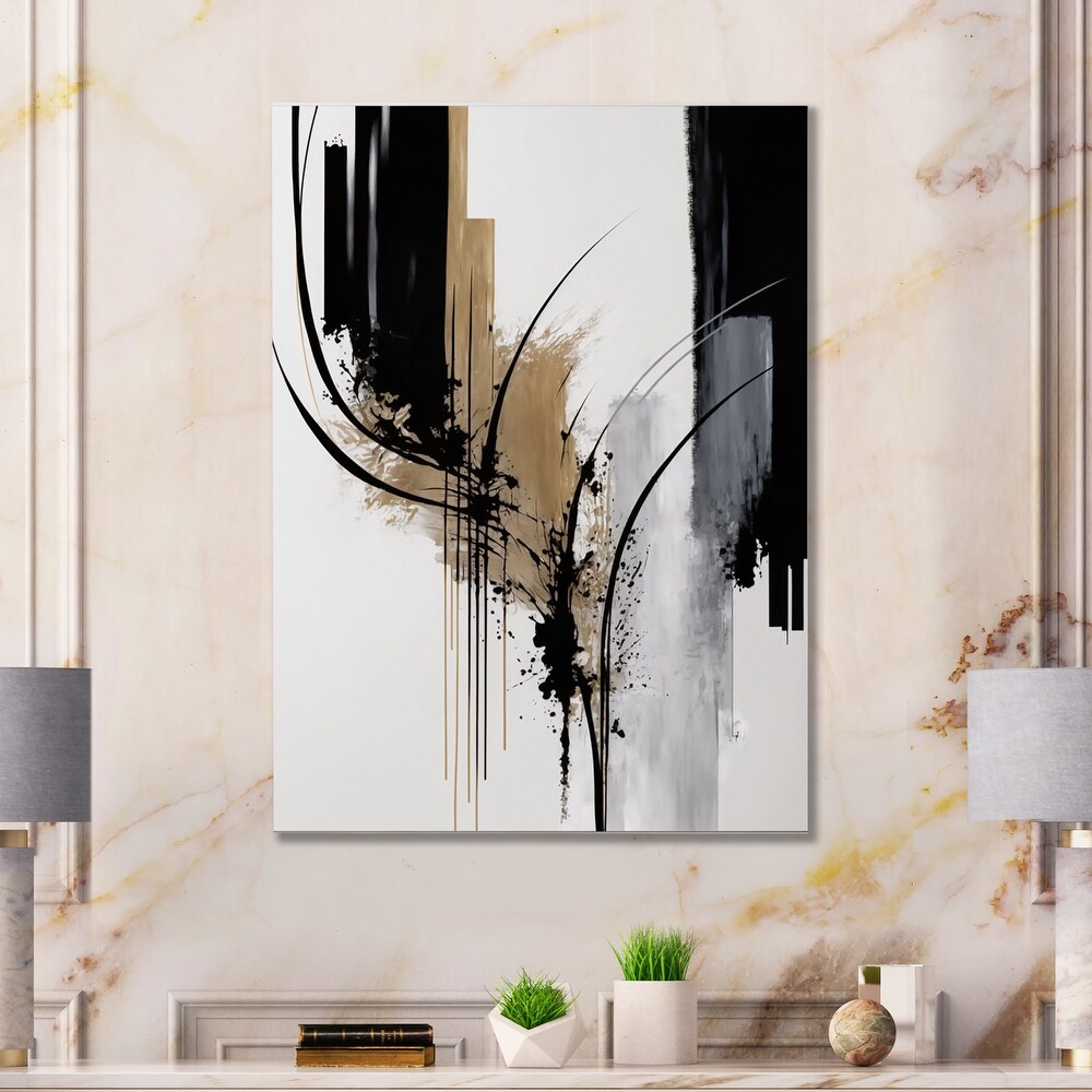 Designart 'Black  White And Gold Expression II' Modern Canvas Wall Art