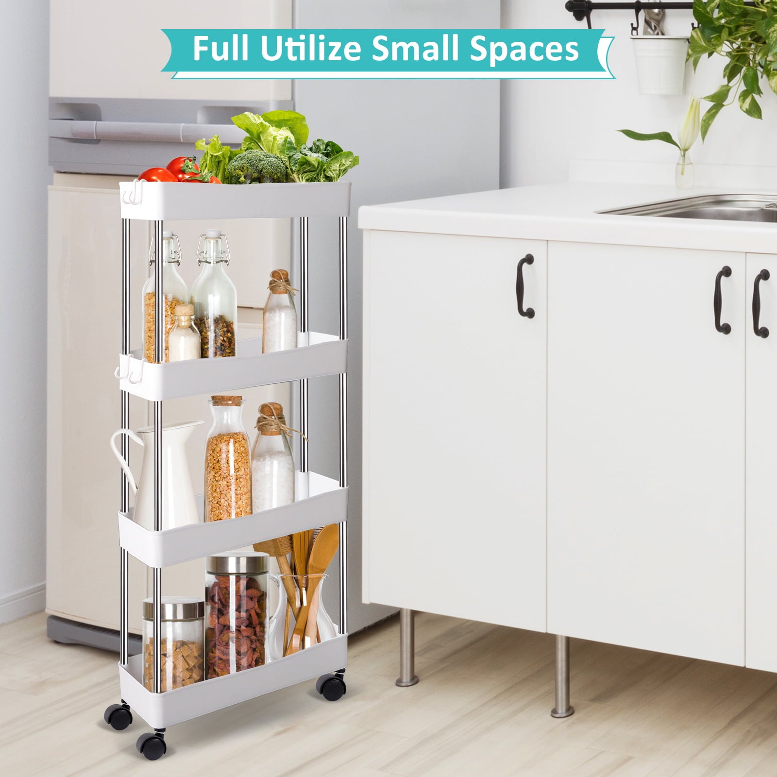 LAYADO 4-Tier Slim Rolling Cart， Bathroom Organizer Kitchen Storage Utility Cart with Wheels， Mobile Rolling Storage Cart for Bathroom Kitchen Laundry Narrow Storage Shelves， White