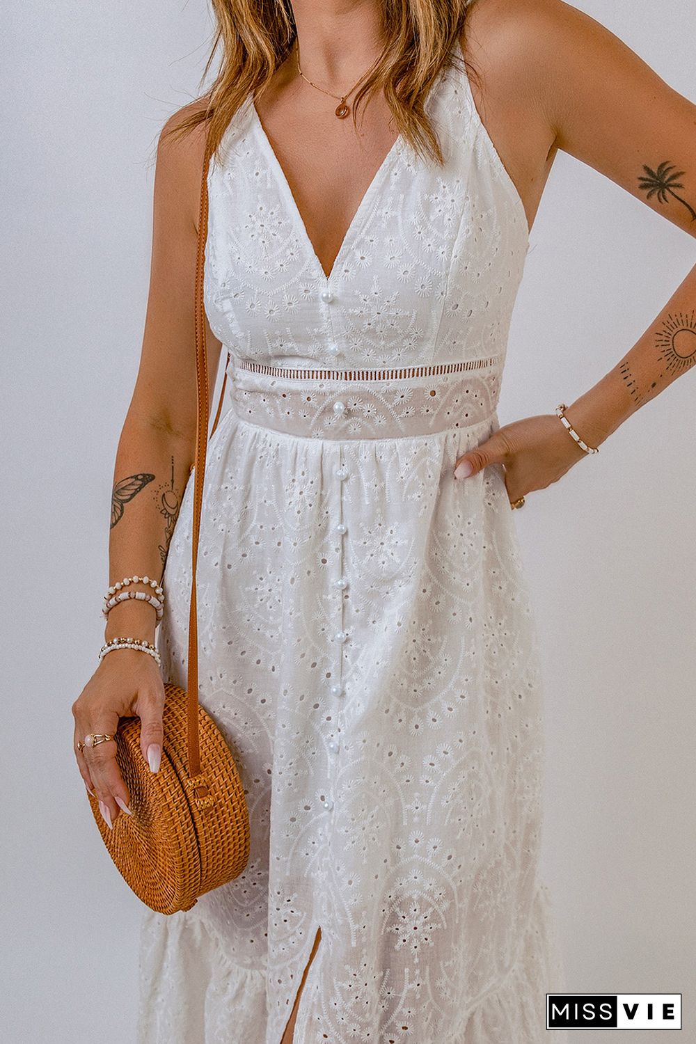 White Embroidered Spaghetti Straps Maxi Dress with Pearls