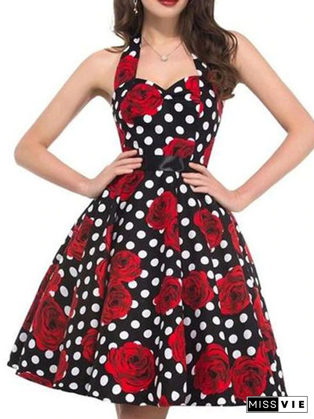 Sexy Halter Party Dress Retro Polka Dot Vintage Dresses Elegant Midi Dress