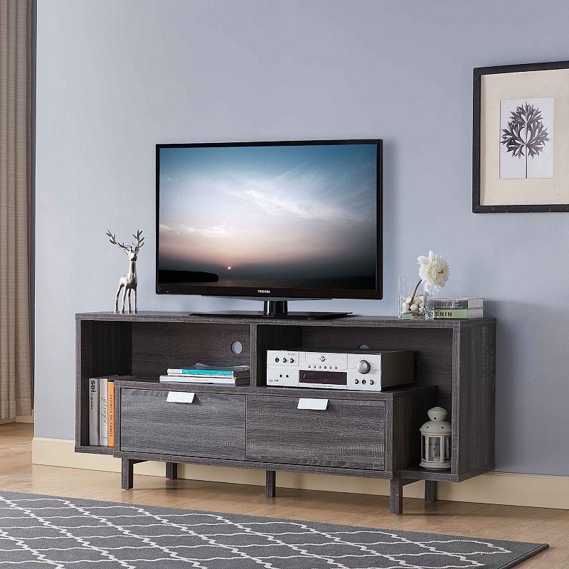 FC Design Distressed Grey TV Stand with 2 Drawers 2 Shelf Spacing Entertainment Center