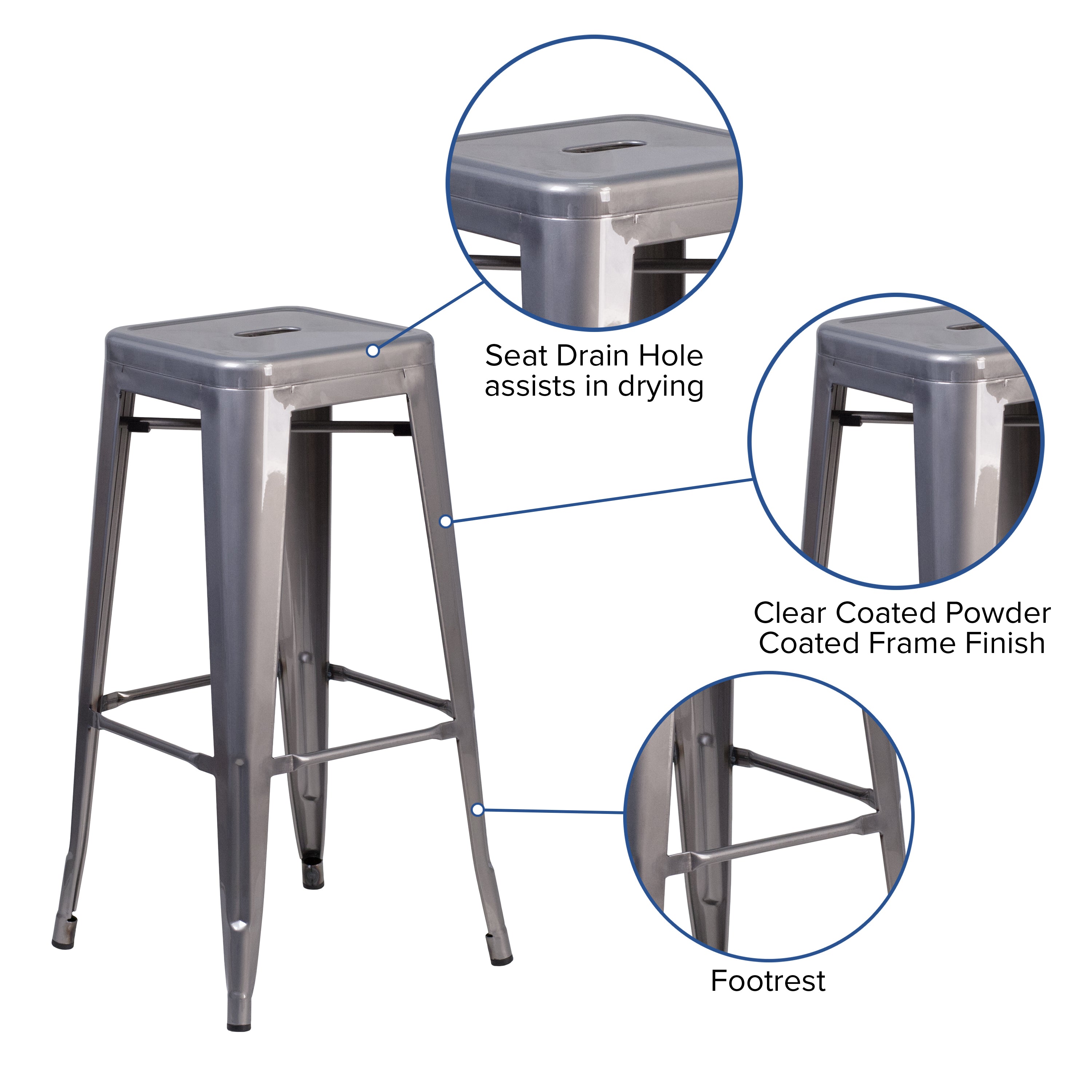 BizChair 30'' High Backless Clear Coated Metal Indoor Barstool with Square Seat