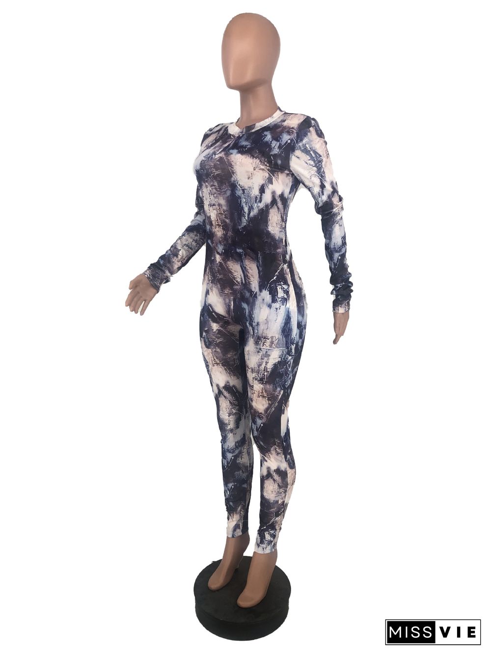 Tie Dye Long Sleeve O Neck Bodycon Jumpsuit