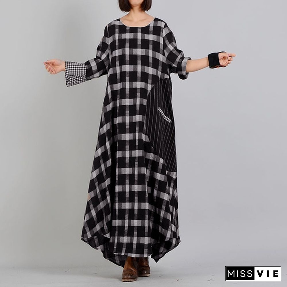 Zanzea Women Casual Loose Baggy Kaftan Maxi Dress Long Sleeve O Neck Check Plaid Dresses