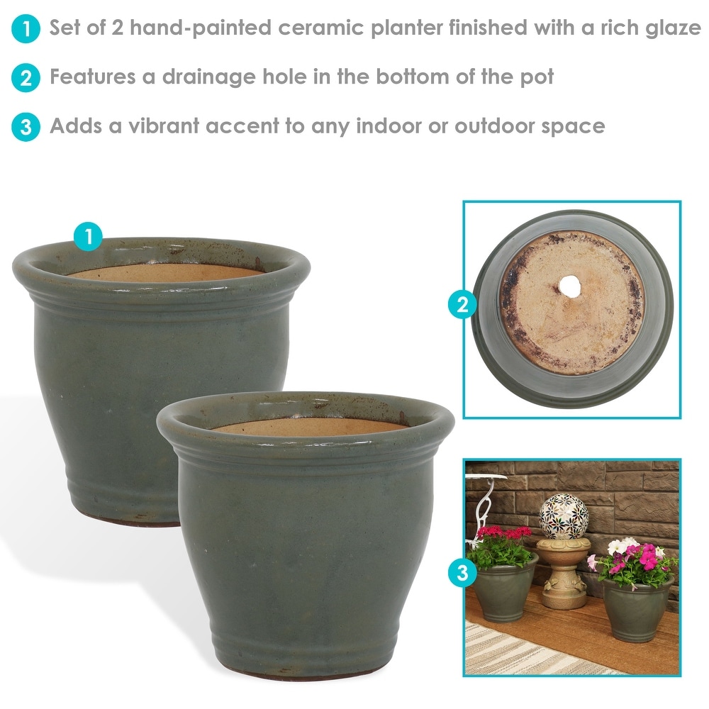 Sunnydaze Studio Glazed Ceramic Planter   Set of 2   11 Inch   Gray