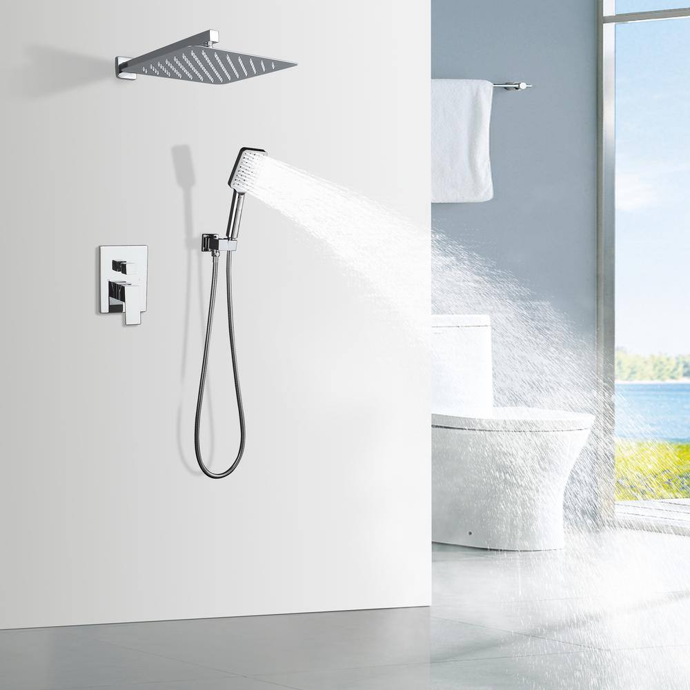 Mondawe Mondawell Square 3-Spray Patterns 12 in. Wall Mount Rain Dual Shower Heads with Handheld and Valve in Chrome MA-D98102CP