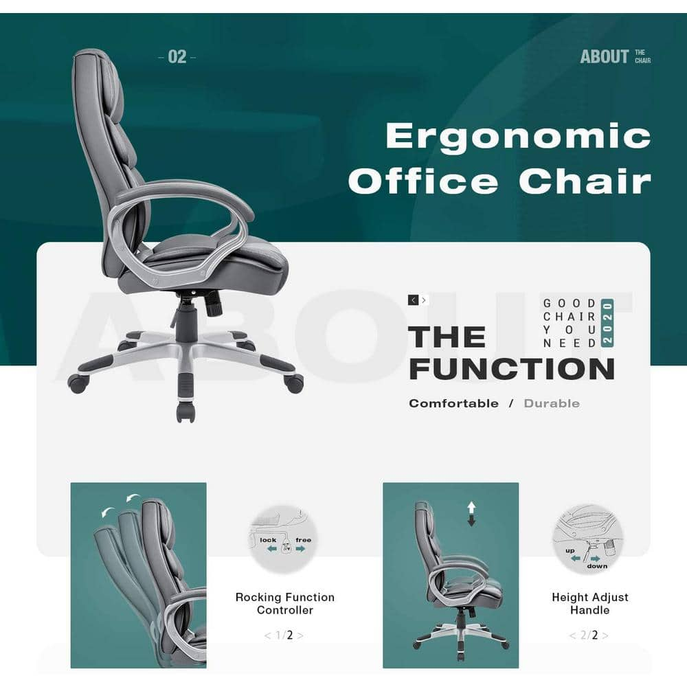 LACOO Gray Big and High Back Office Chair, PU Leather Executive Computer Chair with Lumbar Support T-OCBC8004