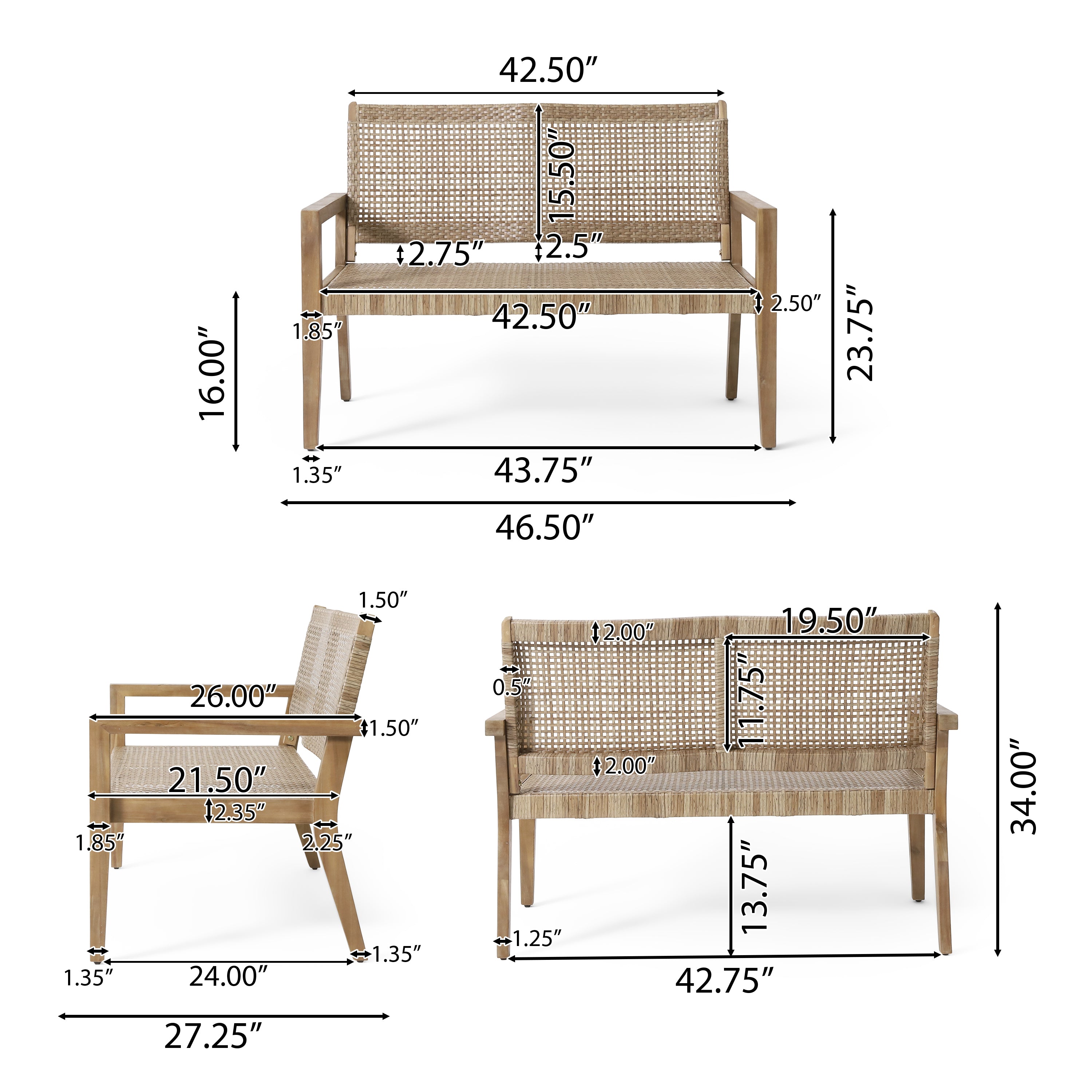 Elmcrest Outdoor Wicker and Acacia Wood Loveseat, Light Multibrown and Light Brown