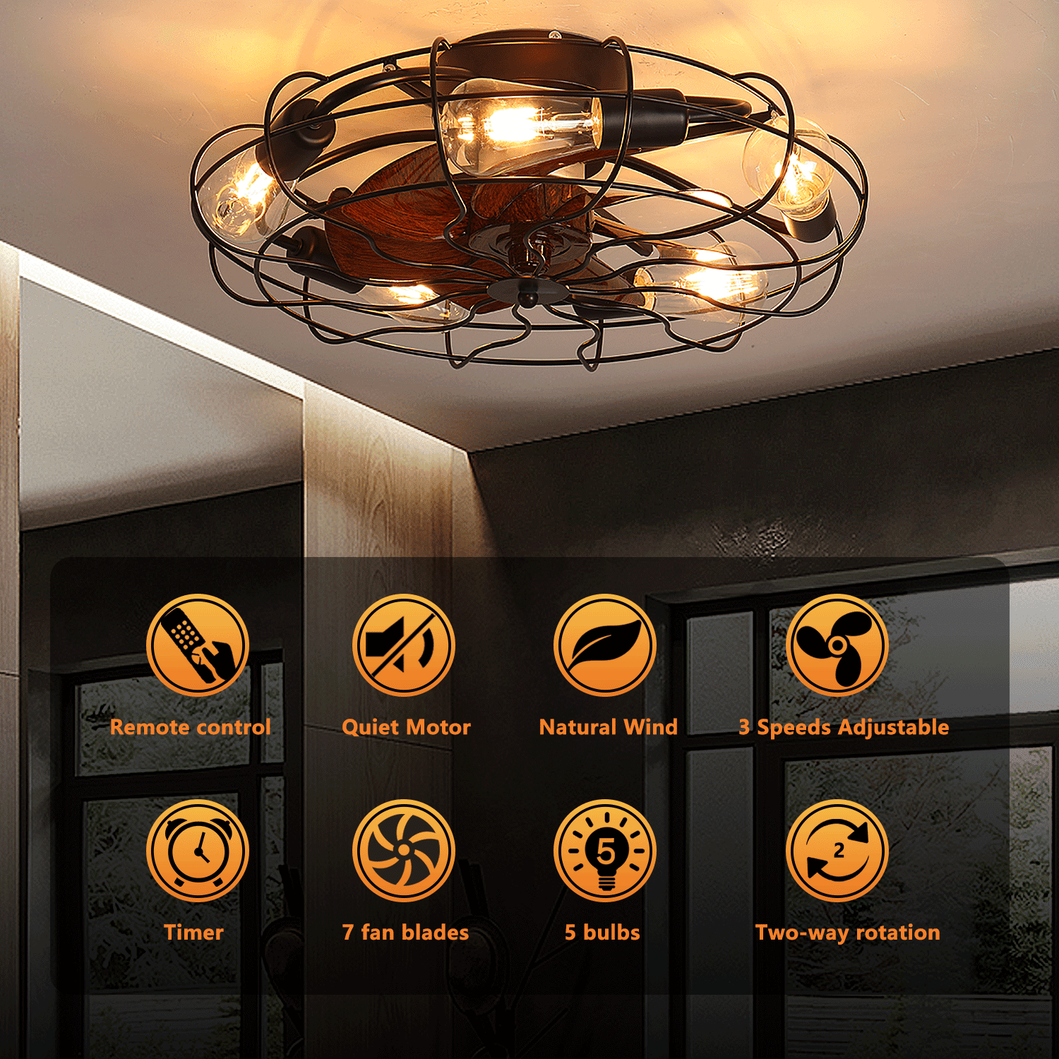 Caged Flush Mount Ceiling Fan with Light， Remote Control Enclosed Ceiling Fan， Smart Bladeless Ceiling Fan Lights for Bedroom， Living Room Caged-5Bulb