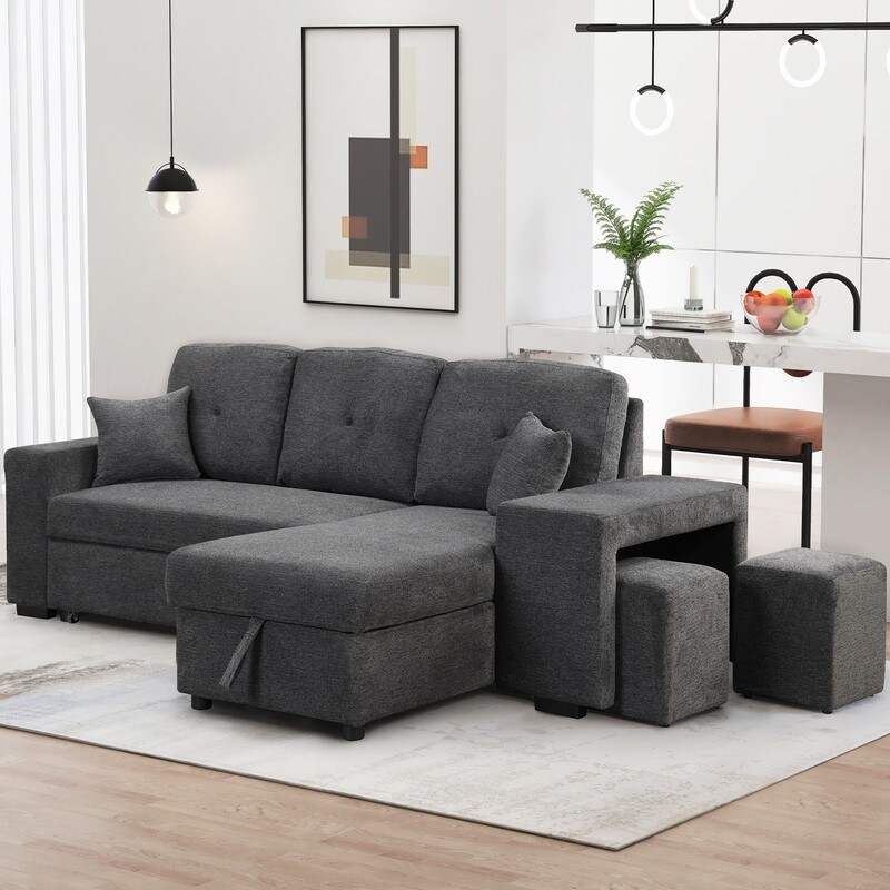 Reversible Sleeper Sectional Sofa Couch with Side Shelf and 2 Stools  Pull Out L Shaped Sofa Bed  Corner Sofa Bed with Storage