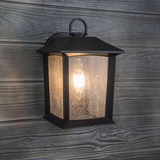 Hampton Bay ASHTON 1-Light Black Outdoor Wall Mount Lantern Sconce with Seeded Glass 5284002012