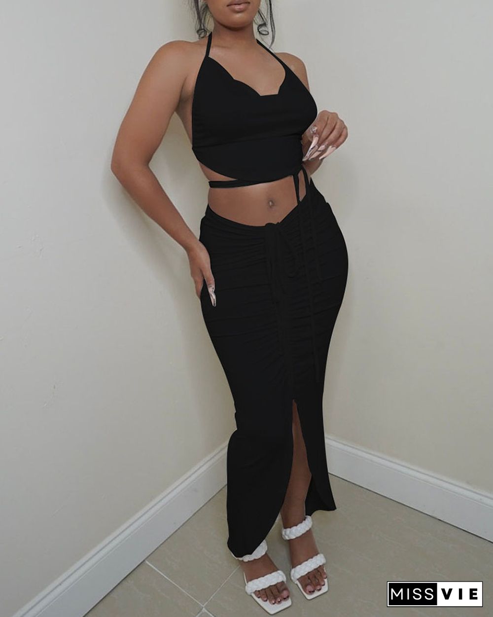 Halter Backless Crop Top & Ruched Slit Skirt Set