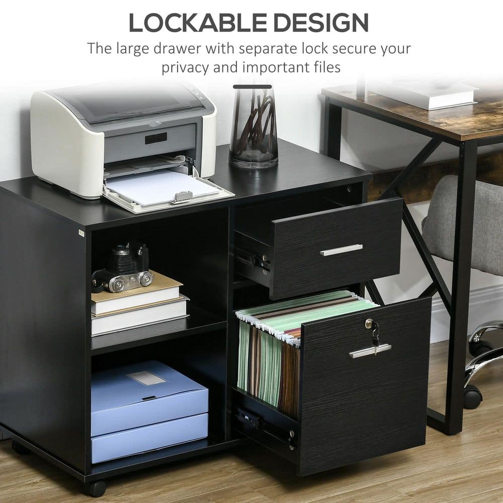 Vinsetto Black Lateral File Cabinet with Wheels, Mobile Printer Stand with Open Shelves and Drawers 924-039BK