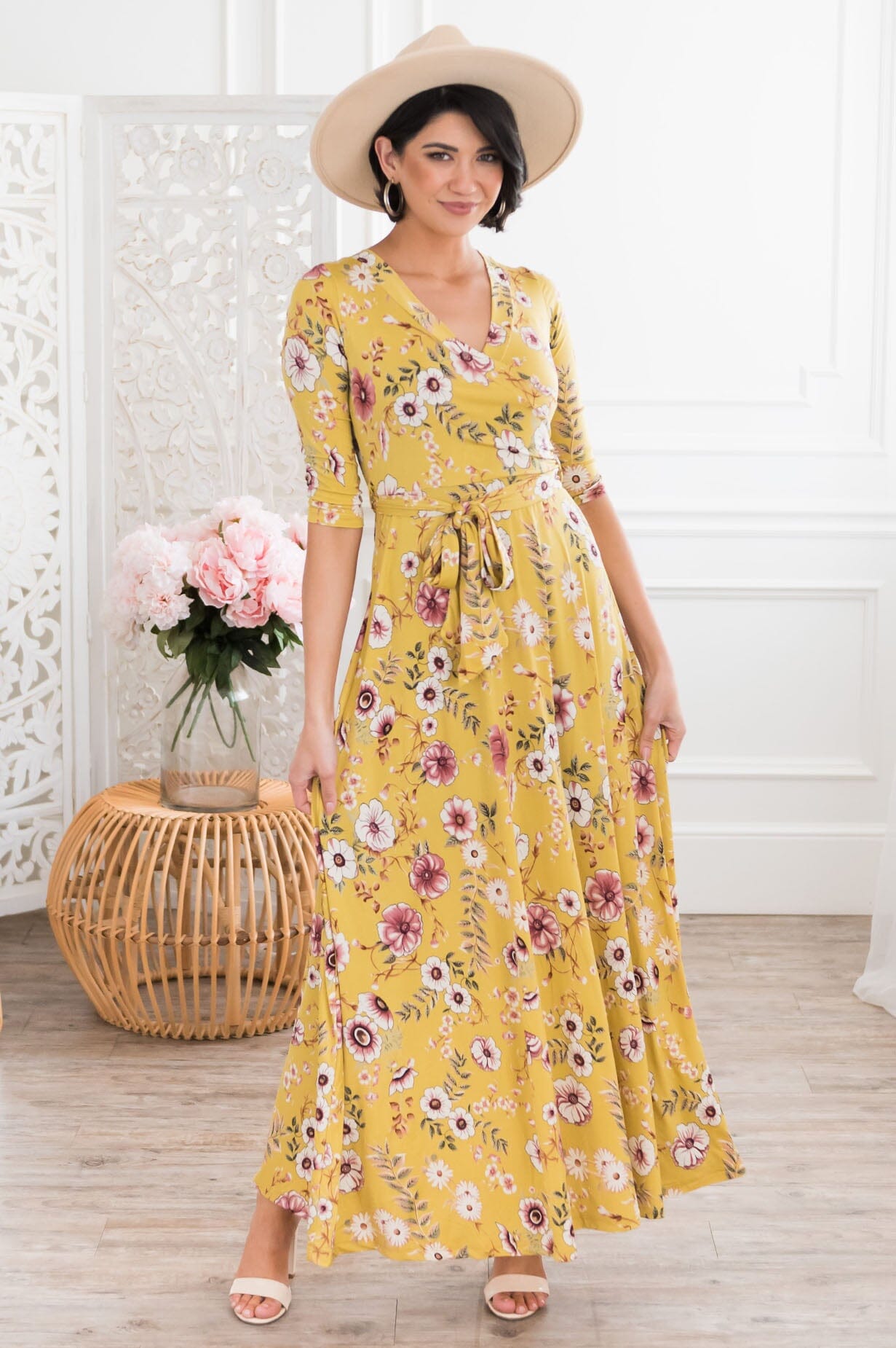 Crystal honey mustard floral plain dress