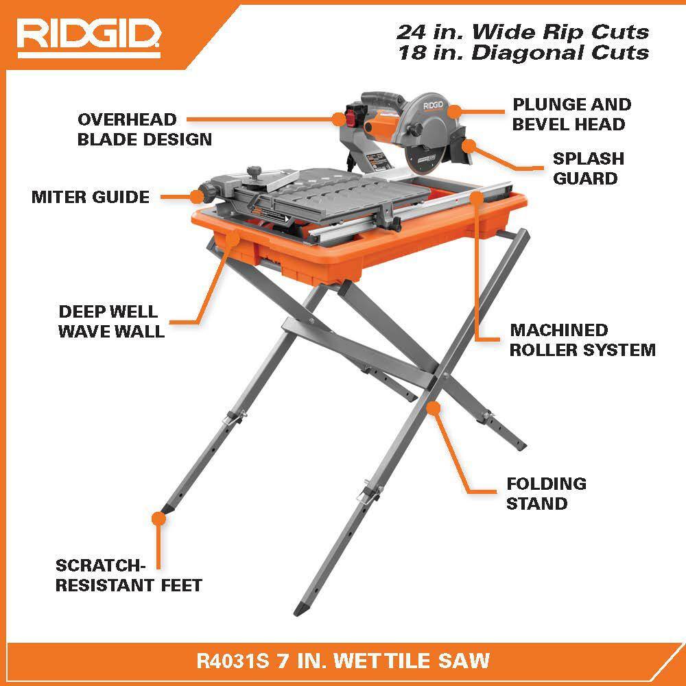 RIDGID 9 Amp 7 in. Blade Corded  Wet Tile Saw with Stand R4031S