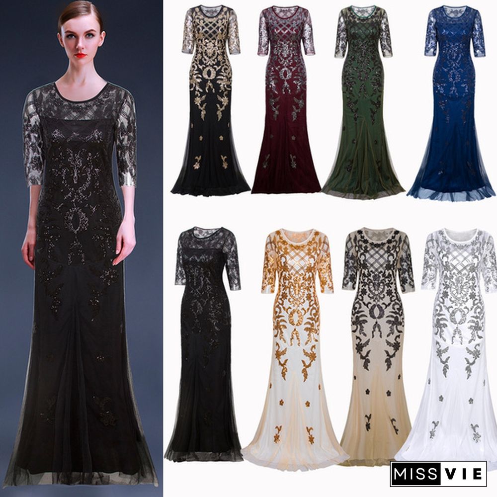 Long Wedding Prom Dresses 2/3 Sleeve Sequin Lace Party Evening Gown Bridesmaids Dresses 30s Style Plus Size 19Flapepr Costumes Ballgowns