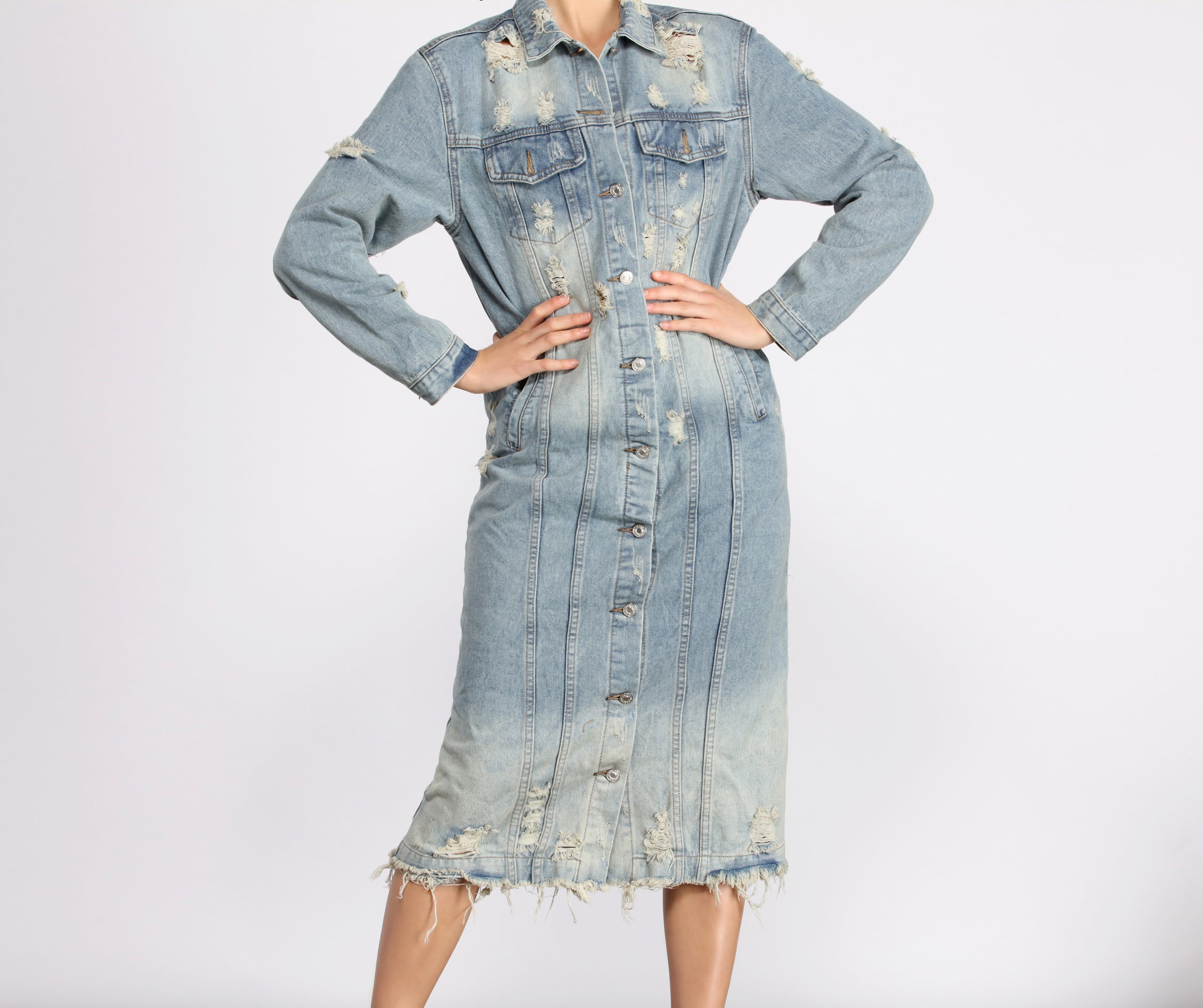 Stylishly Destructed Long Line Denim Jacket