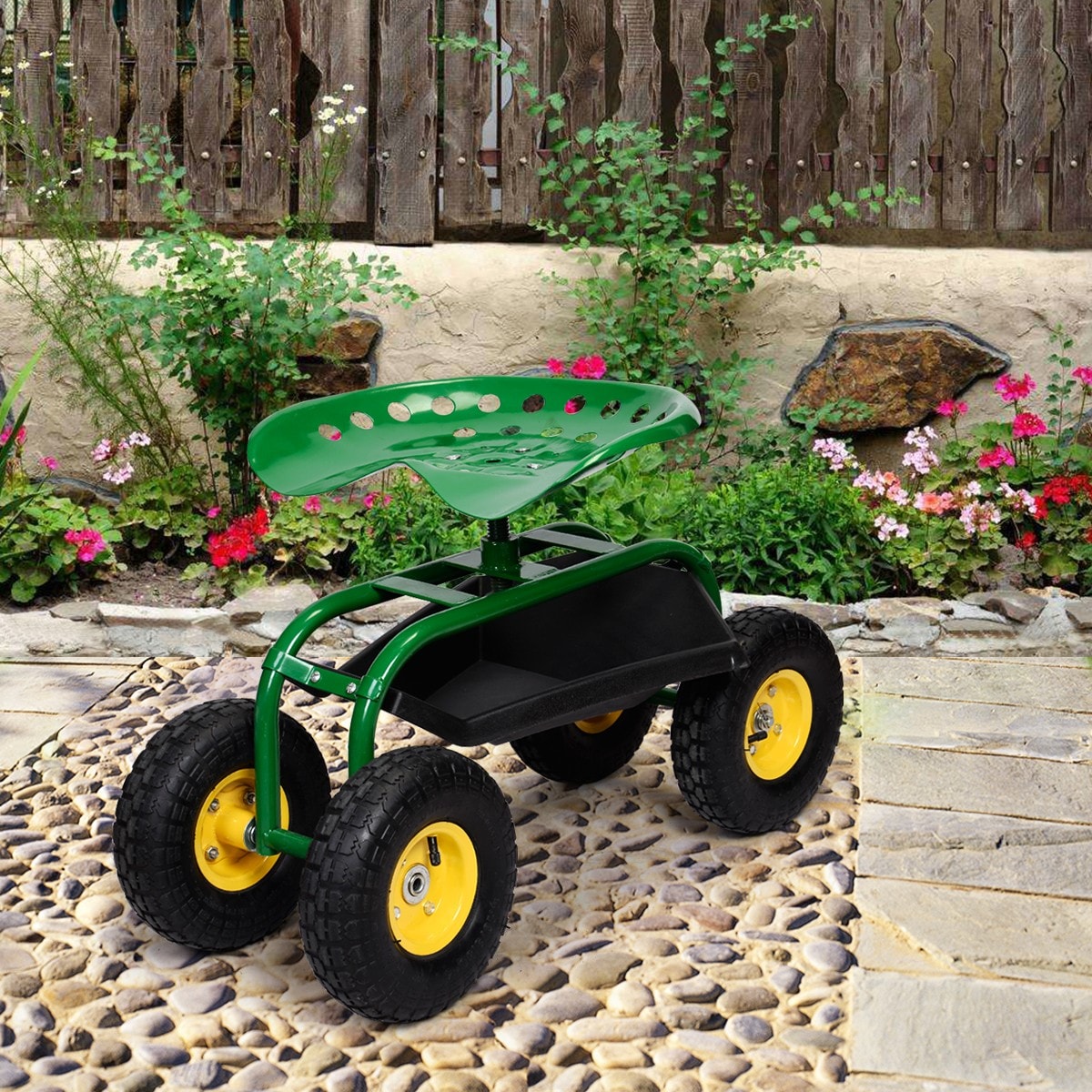 Outdoor Rolling Garden Cart Wagon Scooter with 360¡ã Swivel Seat