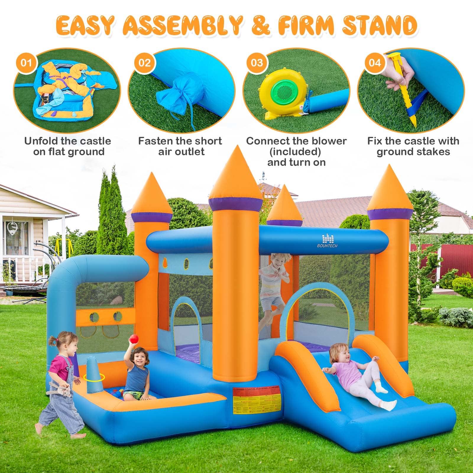 BOUNTECH Inflatable Bounce House, Bouncy House for Toddler Kids 5-12 Backyard Party Fun w/735W Blower, Basketball Hoop, Ball Throwing