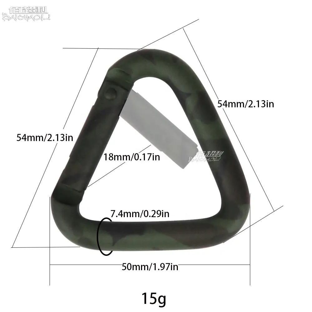 OEM/ODM cheap baichao triangle 54*50mm aluminum alloy clip spring metal carabiner hooks for Trampoline/camping hiking/