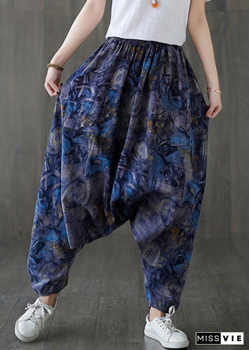 Blue Elastic Waist Loose Lantern Pants Summer