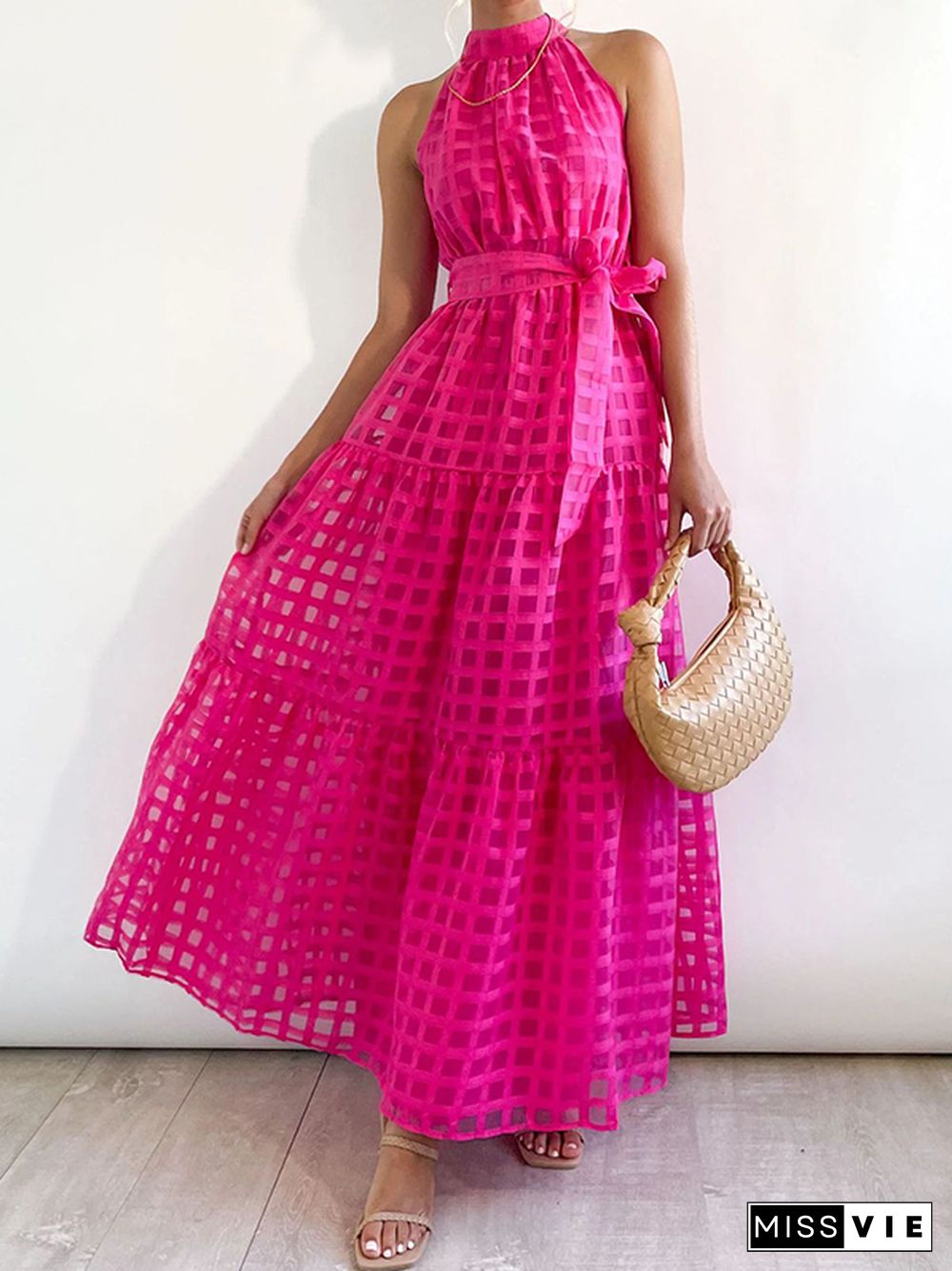 Loose Sleeveless Plaid Ribbed Stand Collar Maxi Dresses